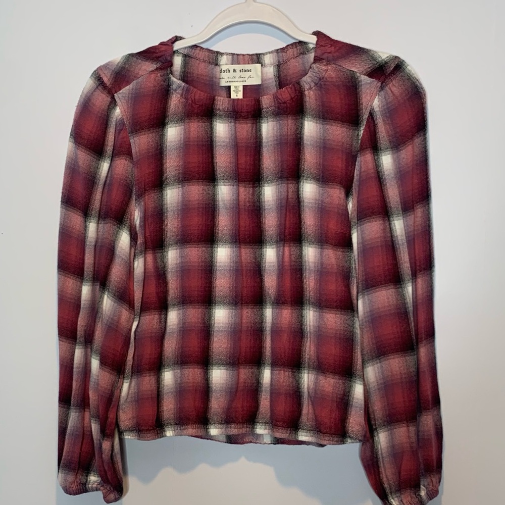 Cloth & Stone for Anthropologie Glacier Plaid Blouse Balloon Sleeves Berry Pink - Picture 2 of 5